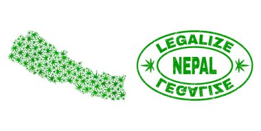 Esrar yaprakları ile kolaj Nepal harita yasallaştırmak Grunge damga mühür