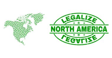 Marihuana yaprağı mozaik Kuzey Amerika harita ile yasallaştırmak Grunge damga mühür