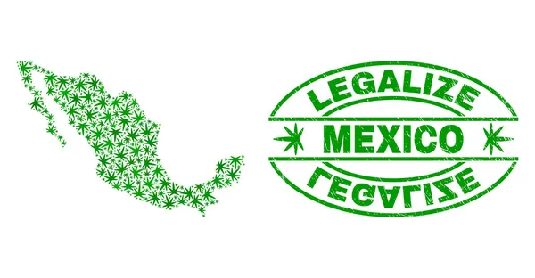 Cannabis bladeren Collage Mexico kaart met legaliseren Grunge stempel-zegel — Stockvector