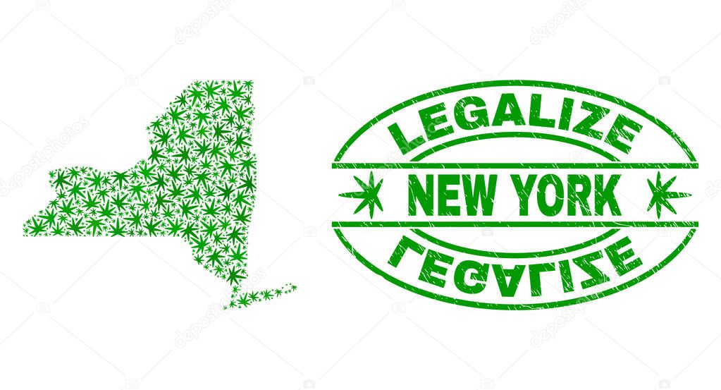 Cannabis Leaves Mosaic New York State Map with Legalize Grunge Stamp Seal