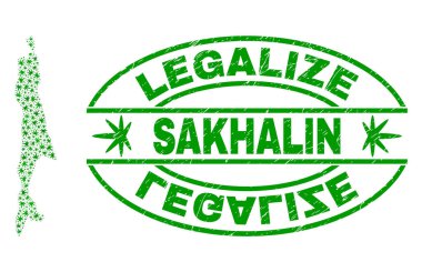 Esrar yaprakları mozaik Sakhalin Adası harita ile yasallaştırmak Grunge damga mühür