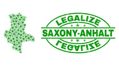 Esrar yaprakları kolaj Saksonya-Anhalt arazi haritası ile yasallaştırmak Grunge damga mühür