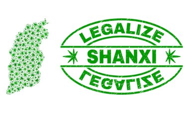 Esrar yaprakları kolaj Shanxi eyaletinde harita ile yasallaştırmak Grunge damga mühür