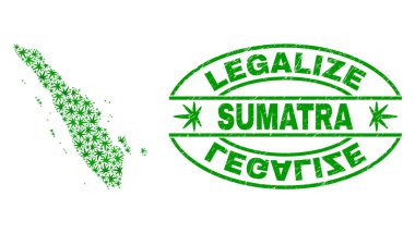 Esrar yaprakları ile kolaj Sumatra harita yasallaştırmak Grunge damga mühür