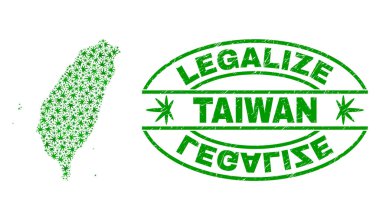 Marihuana yaprağı mozaik Tayvan harita ile yasallaştırmak Grunge damga mühür