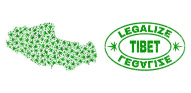 Esrar yaprakları ile kolaj Tibet harita yasallaştırmak Grunge damga mühür