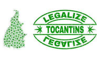 Marihuana yaprağı kolaj Tocantins devlet harita ile yasallaştırmak Grunge damga mühür