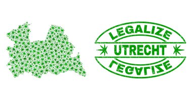 Marihuana yaprağı kolaj Utrecht ilinde harita ile yasallaştırmak Grunge damga mühür