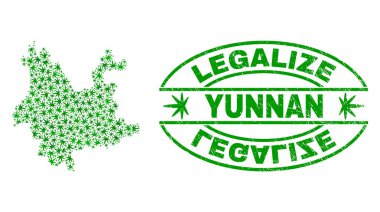 Marihuana yaprağı mozaik Yunnan Eyaleti harita ile yasallaştırmak Grunge damga mühür