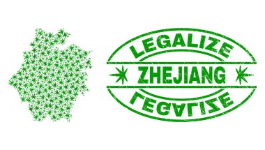 Marihuana yaprağı kolaj Zhejiang eyaleti harita ile yasallaştırmak Grunge damga mühür