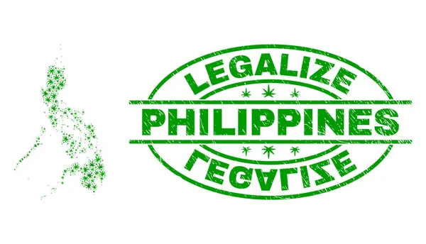大麻叶拼贴菲律宾地图与合法化的格朗格邮票印章 — 图库矢量图片