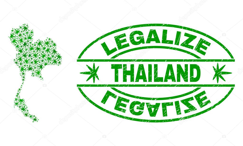 Marijuana Leaves Mosaic Thailand Map with Legalize Grunge Stamp Seal