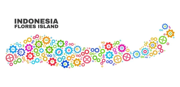 Mosaik Flores Pulau Indonesia Peta Elemen Gearwheel - Stok Vektor