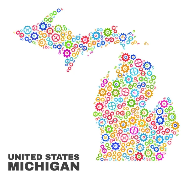 Mosaic Michigan Mapa del estado de Cogwheel Artículos — Vector de stock