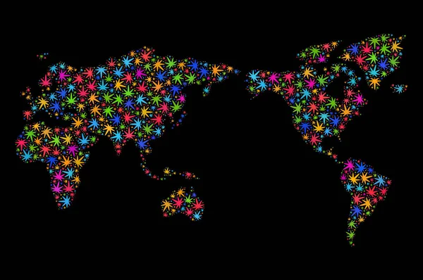 Mappa del mondo mosaico di foglie di marijuana multicolore — Vettoriale Stock