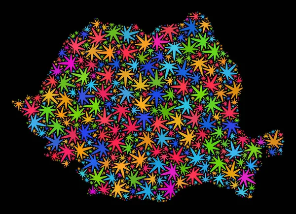 Mosaic Romania Mapa de hojas de cannabis coloreadas — Vector de stock