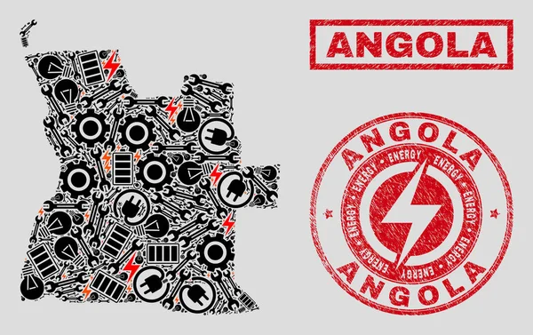 Elektrik mozaik Angola harita ve kar ve grunge pullar — Stok Vektör