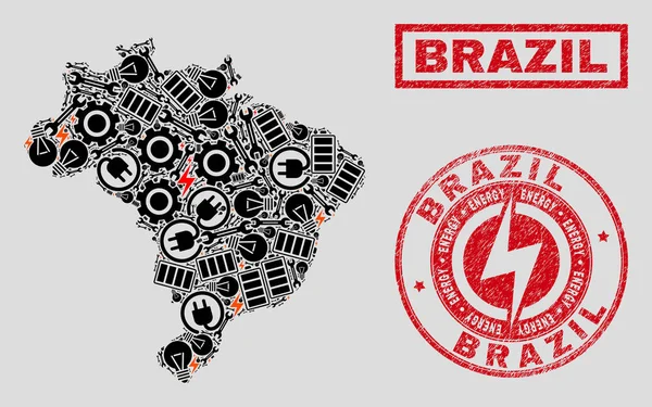 Mapa de Colagem Elétrica Brasil e Selos de Neve e Grunge —  Vetores de Stock