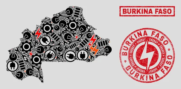 Mosaico Eléctrico Burkina Faso Mapa y Copos de Nieve y Distress Sellos de Sellos — Archivo Imágenes Vectoriales