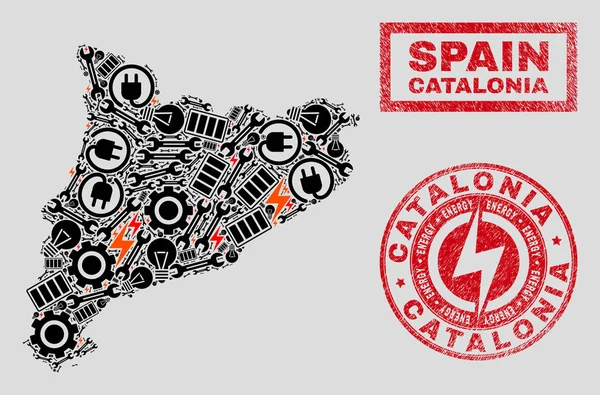 Mapa elétrico da colagem da Catalunha e flocos de neve e selos de selo riscados —  Vetores de Stock
