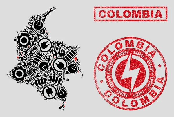 Electrical Collage Colombia Map and Snow and Scratched Stamps — Stock Vector
