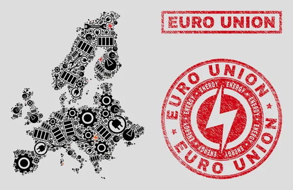 Collage électrique Euro Union Carte et flocons de neige et timbres de détresse — Image vectorielle