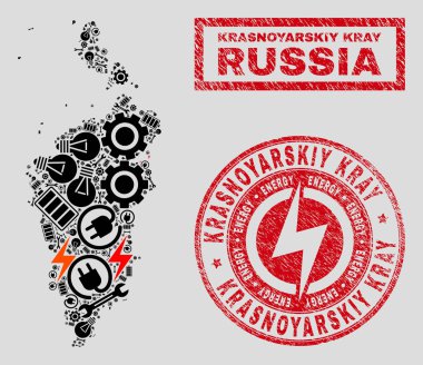 Elektrikli mozaik Krasnoyarskiy Kray harita ve kar taneleri ve dokulu pul mühürler