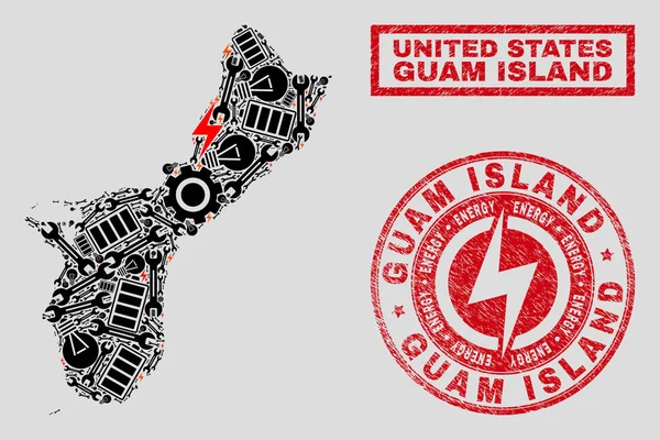 Collage Eléctrico Guam Island Mapa y Copos de Nieve y Sellos Texturizados — Vector de stock