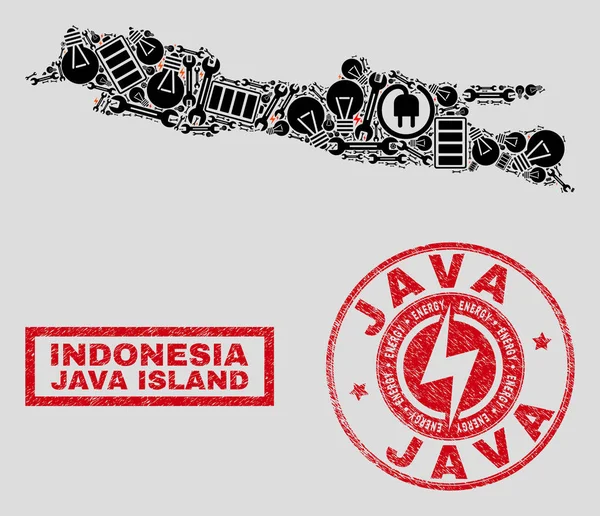 Mosaïque électrique Java Carte de l'île et timbres sur la neige et la détresse — Image vectorielle