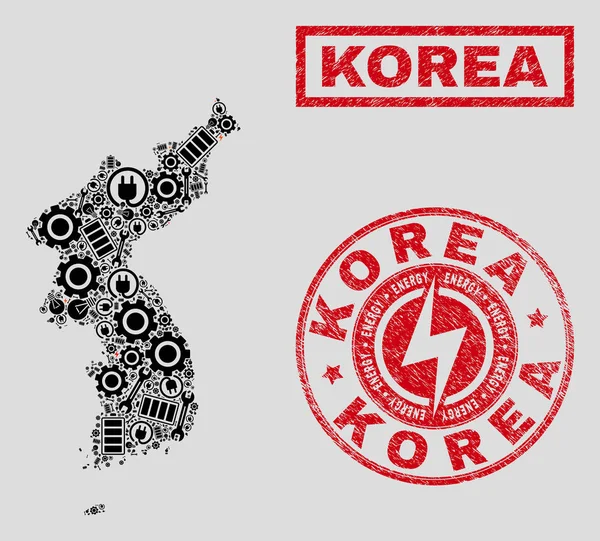 電気モザイク韓国地図と雪片と苦痛スタンプシール — ストックベクタ