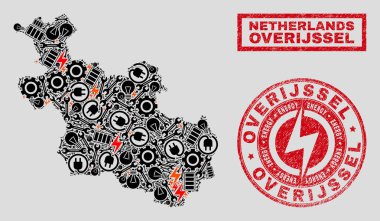 Elektrikli kolaj Overijssel Il Haritası ve kar taneleri ve grunge damga Seals