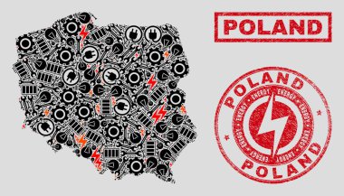 Elektrikli kolaj Polonya harita ve kar ve grunge damga Seals