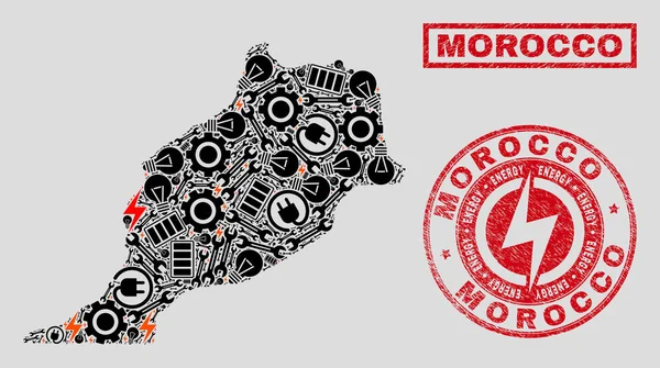 Mapa elétrico de Marrocos mosaico e flocos de neve e carimbos riscados — Vetor de Stock