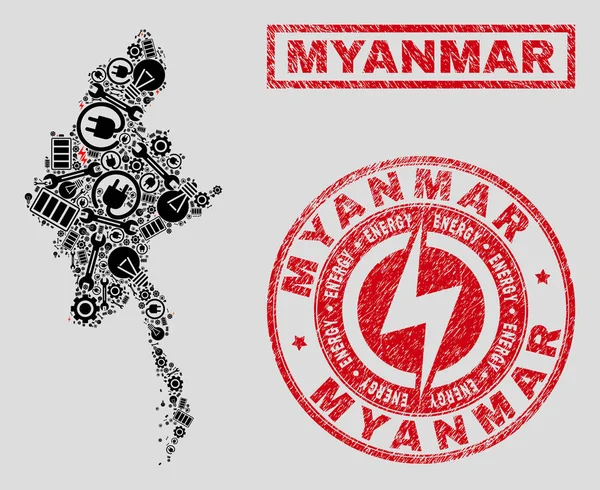 Mapa elétrico da colagem de Myanmar e flocos de neve e carimbos de angústia — Vetor de Stock