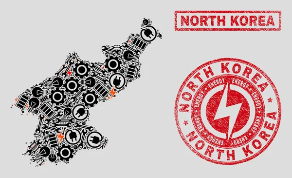 電気モザイク北朝鮮マップと雪と質感のスタンプ — ストックベクタ