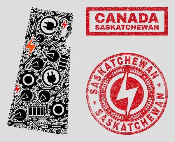 Collage elettrico Saskatchewan Province Mappa e fiocchi di neve e sigilli di francobolli strutturati — Vettoriale Stock