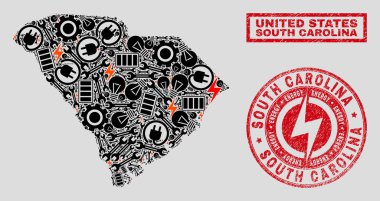 Elektrik mozaik Güney Carolina Devlet Haritası ve kar taneleri ve grunge pullar