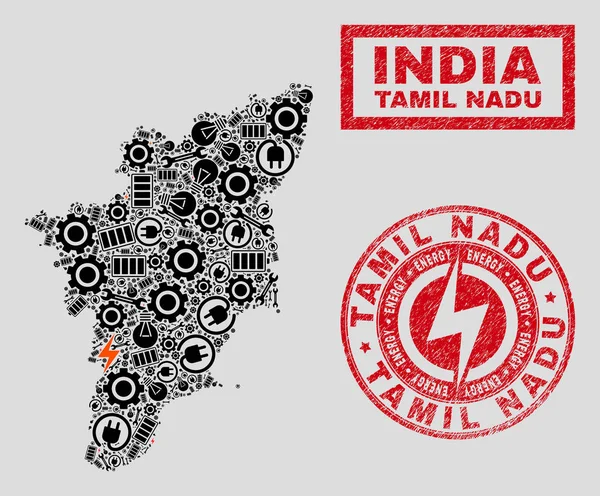 Elektriska mosaik Tamil Nadu State karta och snö flingor och nödrop frimärken — Stock vektor