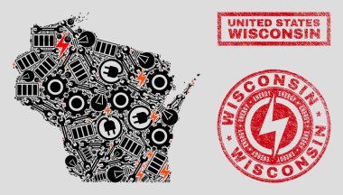 Elektrikli kolaj Wisconsin Devlet Haritası ve kar taneleri ve grunge Seals