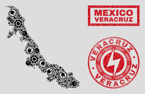 Mosaico Eléctrico Mapa del Estado de Veracruz y Sellos de Nieve y Grunge — Vector de stock