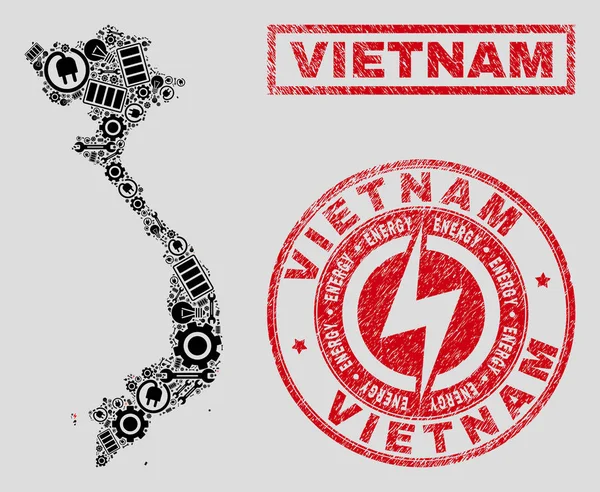 Elektriska mosaik Vietnam karta och snö flingor och repade frimärken — Stock vektor