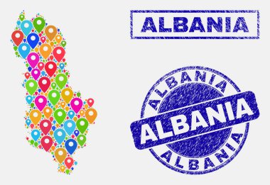 Harita Işaretçileri kolaj Arnavutluk Haritası ve grunge damga Seals