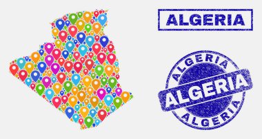 Cezayir harita Pins kolaj harita ve çizik pullar