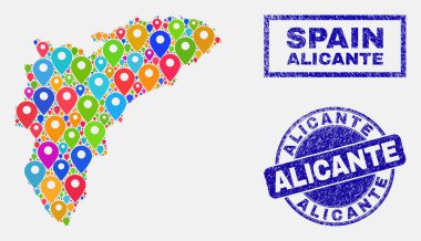 Alicante Province Haritası ve grunge pulları harita Işaretçileri kolaj