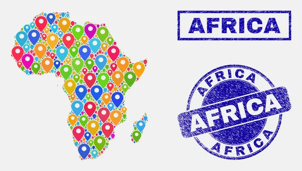 Mapa Pointers Collage of Africa Mapa y sellos de sellos rayados — Vector de stock