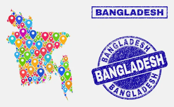 Karta Pins mosaik av Bangladesh karta och nödrop stämpel tätningar — Stock vektor