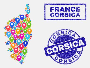 Korsika harita ve grunge damga Seals harita Pins mozaik