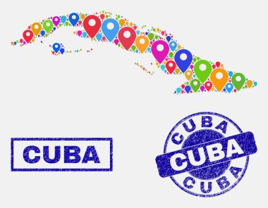 Harita Işaretçileri Küba Haritası ve tehlike mühürler mozaik