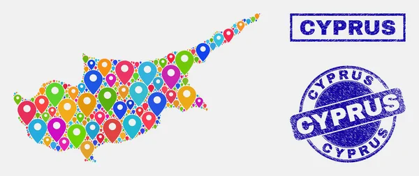 Mapa Ponteiros Colagem de Chipre Mapa e selo Grunge Selos —  Vetores de Stock