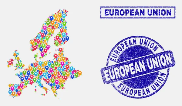 Carte Marqueurs Mosaïque de l'Union européenne Carte et cachets texturés — Image vectorielle